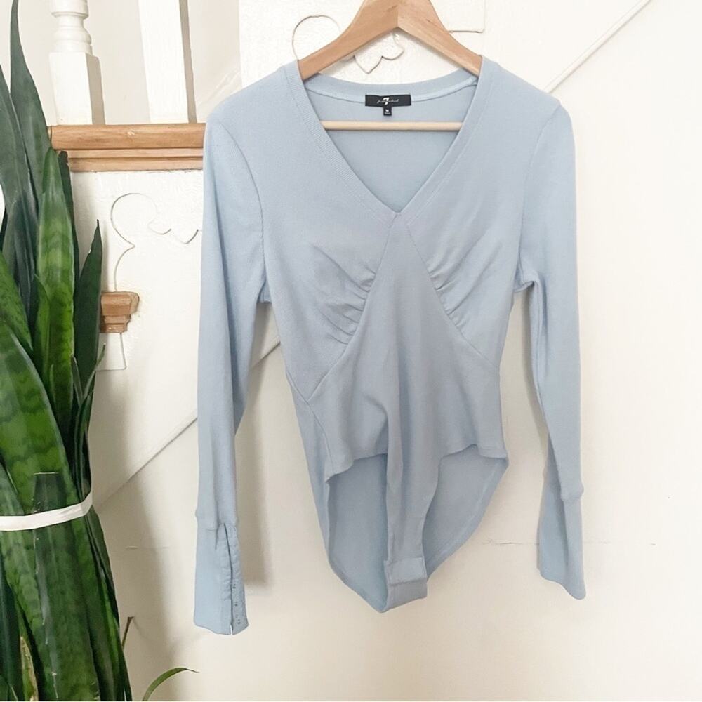 7 For All Mankind Light Blue Long Sleeve V-Neck Women's Bodysuit Size M